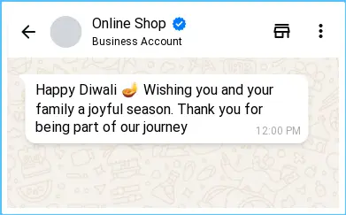 WhatsApp Business chat showing a Diwali greeting from an online shop wishing customers a joyful season.