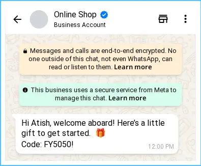 WhatsApp Business chat from an online shop welcoming a new customer named Atish and sharing a gift code FY5050.