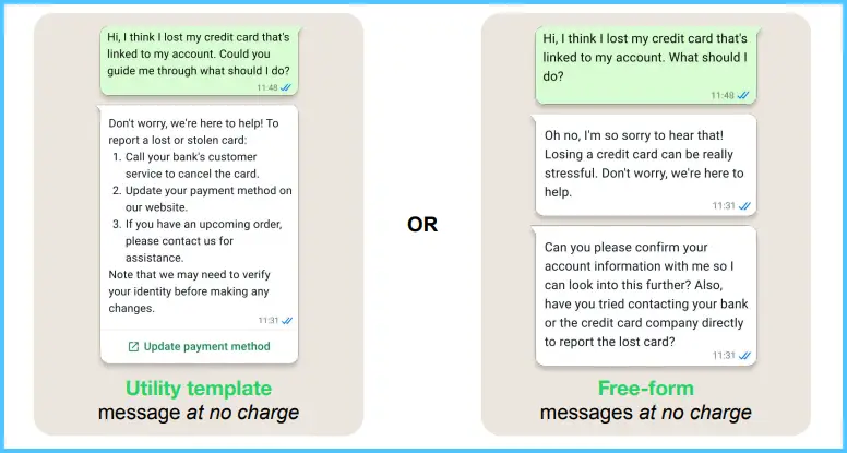 Comparison of WhatsApp Business chat examples showing a utility template message and a free-form message helping a customer report a lost credit card.