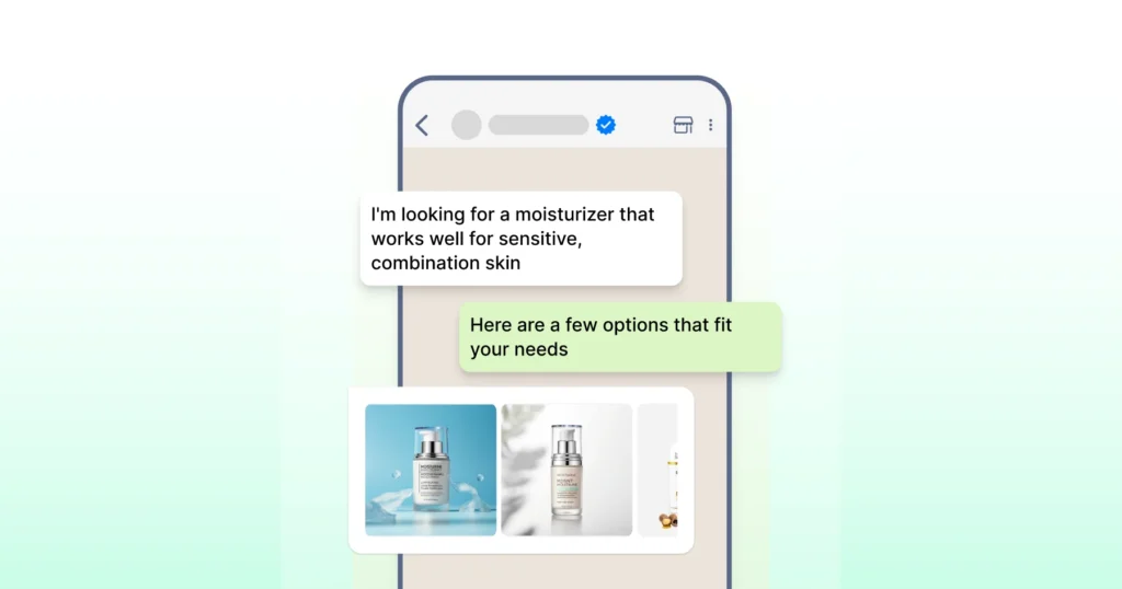 An example of an automated WhatsApp reply sent to a customer asking about moisturizers, showcasing how businesses use WhatsApp API to handle product inquiries instantly and deliver quick, personalized responses.