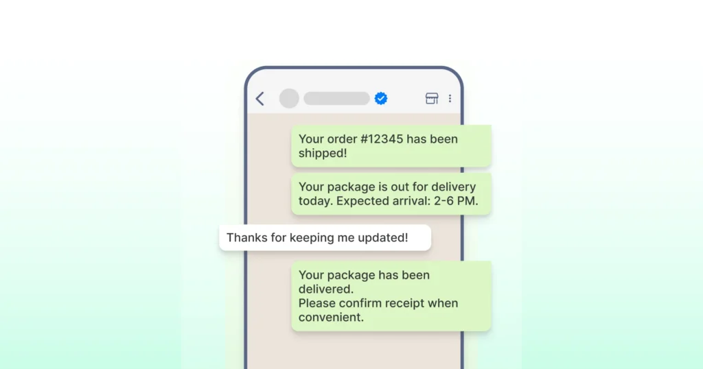 An example of automated shipping notifications sent to customers on WhatsApp, demonstrating how brands use the WhatsApp API to provide real time delivery updates