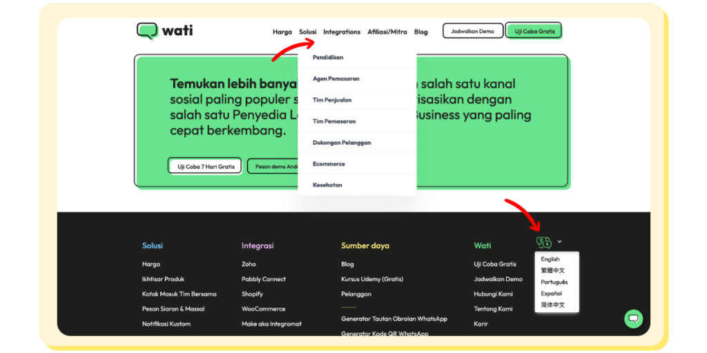 Kategori interaktif dan tombol pengalihan bahasa.