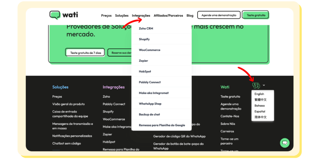 Categorias interativas e alternador de idioma.