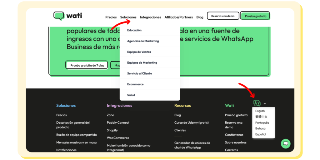 Categorías interactivas y cambio de idioma.