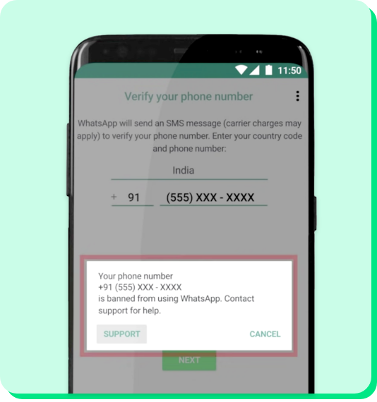 whatsapp account banned popup screenshot