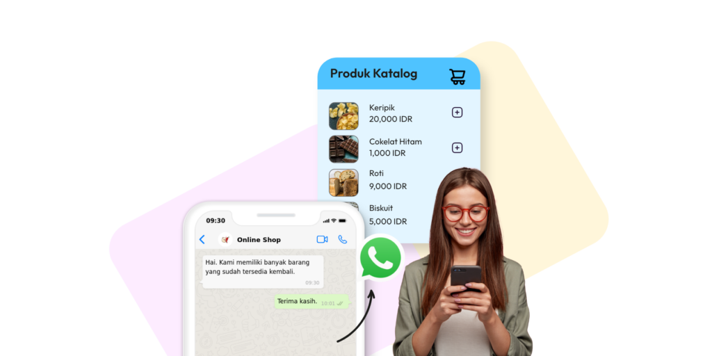 Dapatkan kemudahan dalam penjualan melalui WhatsApp dengan melihat wanita sedang menjelajahi ponselnya untuk memesan dari Katalog WhatsApp.