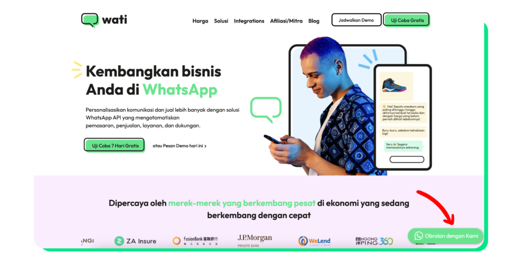 Widget obrolan WhatsApp di sudut kanan bawah website