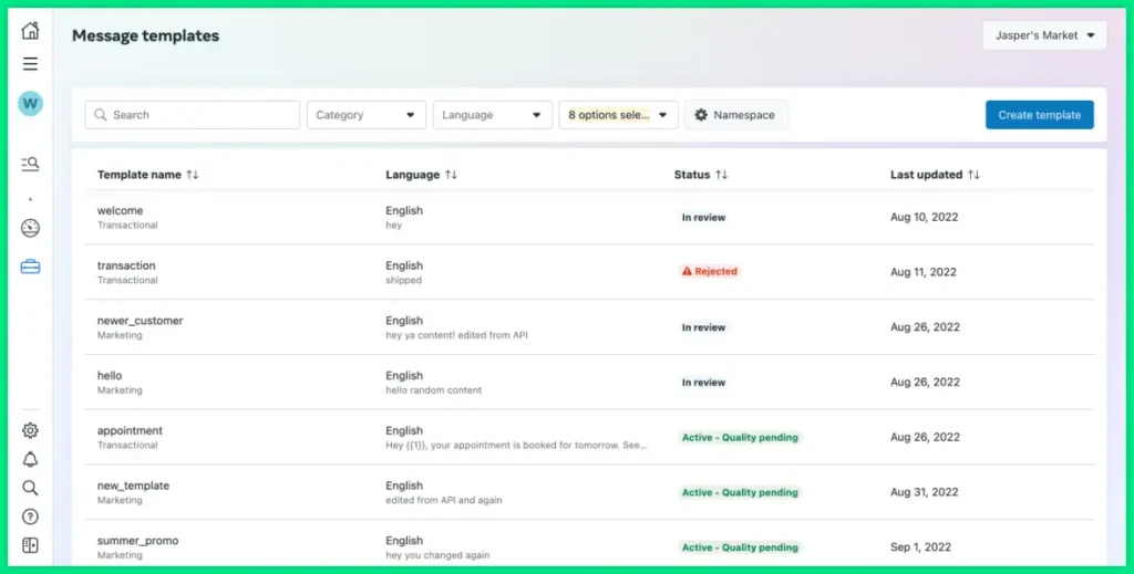 Dashboard view of WhatsApp business template management showing different message templates under review, rejected, or active, illustrating Meta’s message approval process.
