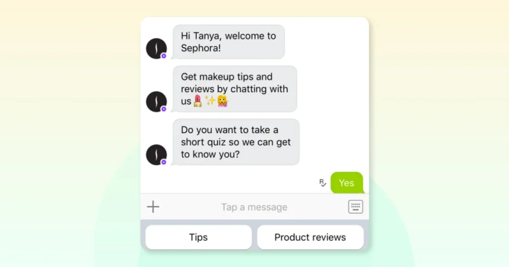Sephora using WhatsApp to send personalized product recommendations and beauty tips, engaging customers through conversational marketing.
