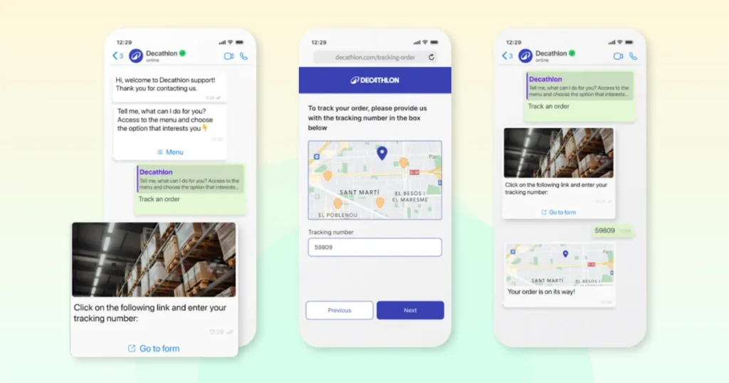 Decathlon leveraging WhatsApp chatbots to automate order confirmations, delivery notifications, and post-purchase customer communication.