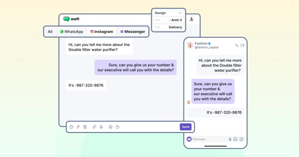 A view of Wati’s unified inbox that allows teams to manage WhatsApp and Instagram messages in one collaborative dashboard.