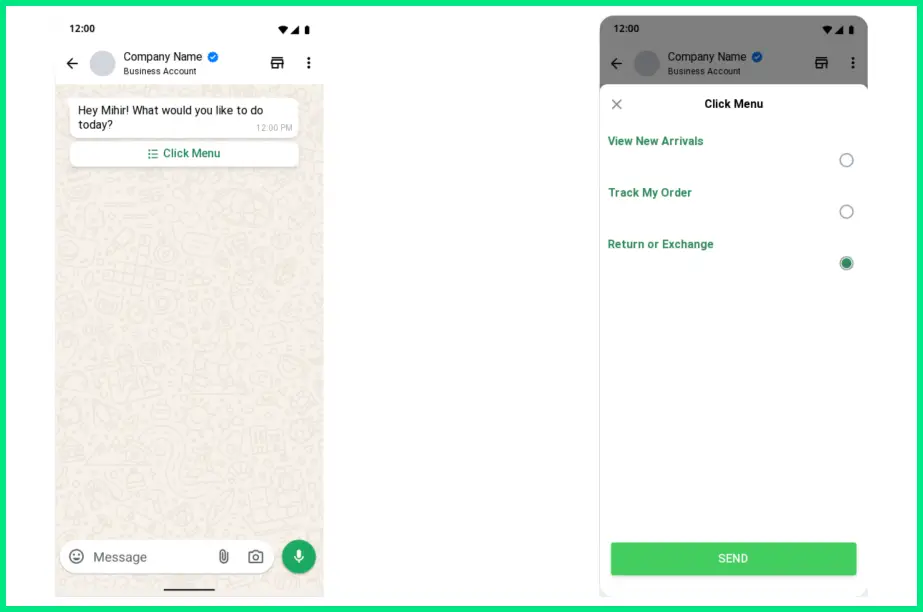 WhatsApp chat showing a company message asking the user to select an option with a list menu containing View New arrivals, track my order, and return or exchange options, representing an e-commerce use case.