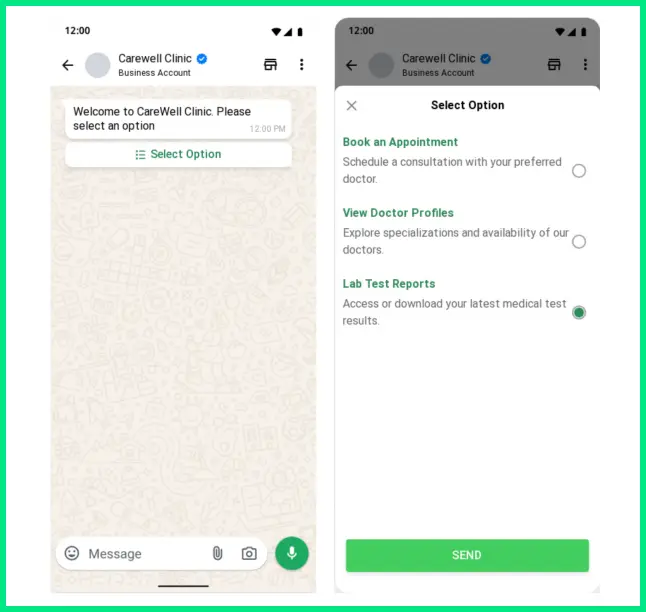 WhatsApp chat from a verified healthcare business displaying options such as book an appointment, view doctor profiles, and lab test reports to guide patients through self-service actions.