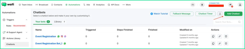 Wati dashboard showing the automations tab with the chatbots section, where users can view, edit, or add new chatbots using the “Add Chatbot” button.