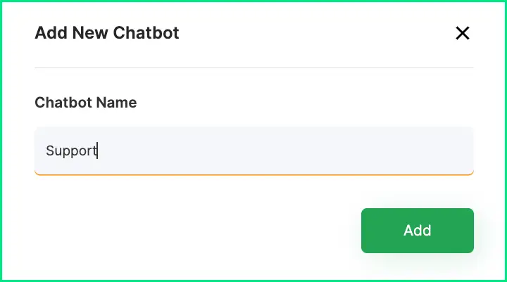 Wati interface displaying the “Add New Chatbot” pop-up with a text box for entering the chatbot name and a green Add button.