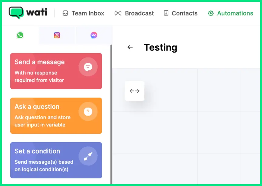 Wati Chatbot Builder showing available action cards such as send a message, ask a question, and set a condition on the left panel.