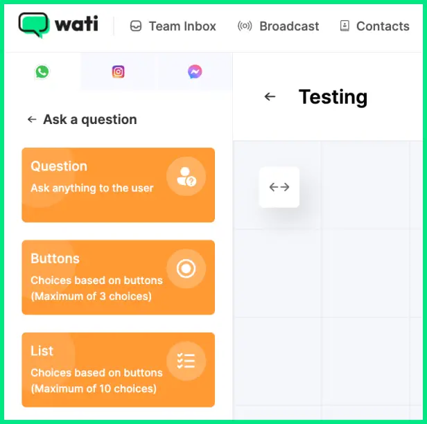 Wati chatbot builder panel open to “Ask a question,” showing options to create question, buttons, or list-based choices.