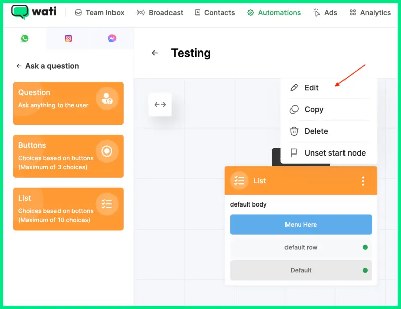 Wati chatbot builder showing a list with a dropdown menu where users can choose edit, copy, or delete options.