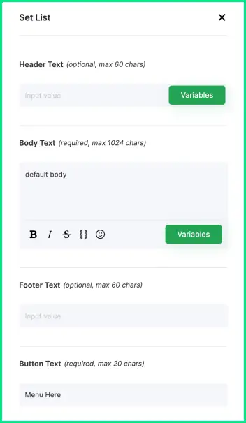 Set list configuration screen in Wati, displaying editable fields for header text, body text, footer text, and button text, along with formatting options.