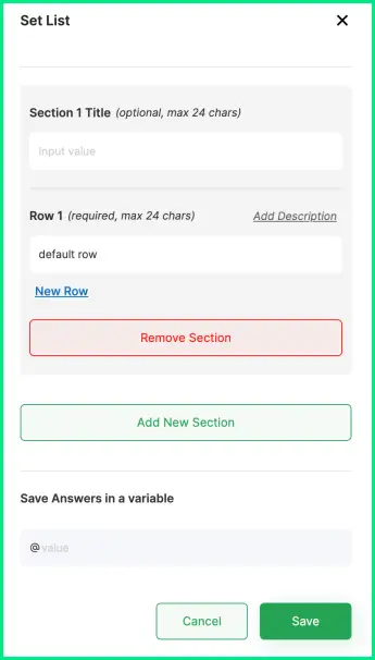 Wati chatbot setup panel for list messages showing input fields for section title, row title, and row description, with options to add or remove sections and save answers in a variable.