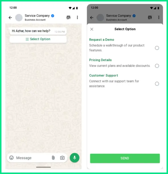 WhatsApp chat from a service company showing a list message with options like request a demo, pricing details, and customer support for client assistance and lead management.