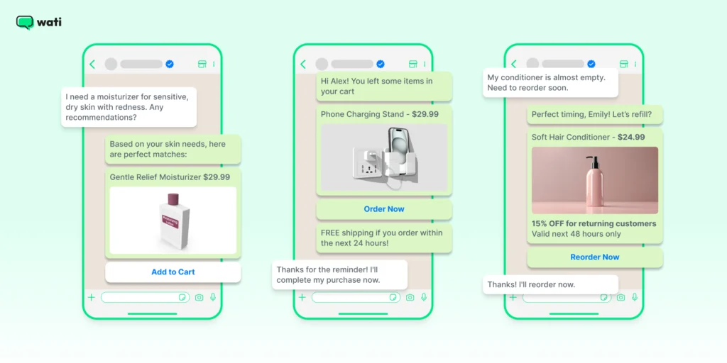 WhatsApp for e-commerce helping businesses recover abandoned carts, showcase products, and drive repeat purchases.