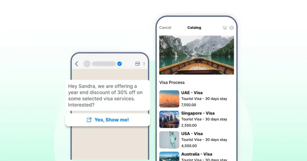 Sharing exclusive travel discounts on WhatsApp with links that open the catalog directly.