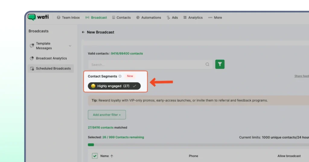 Using Wati’s contact segmentation feature to send personalized WhatsApp messages to different customer groups.