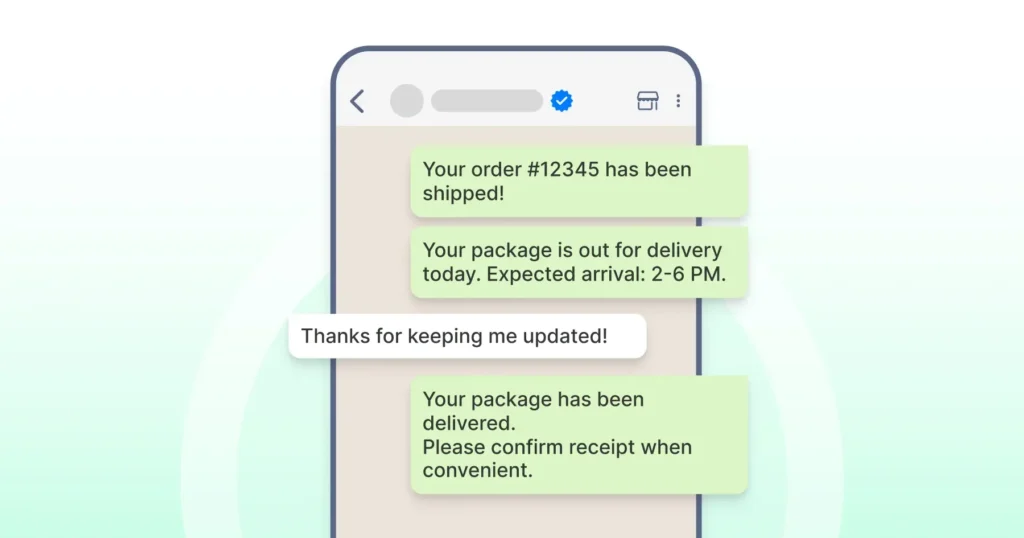 Order shipment and delivery status updates being shared with customers through WhatsApp notifications.