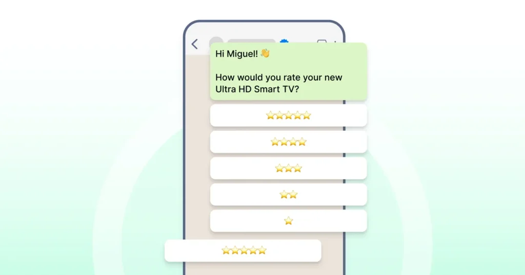WhatsApp message asking customers for product feedback after purchasing a Smart HD TV.