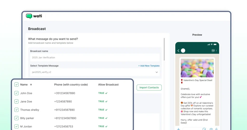 Creating and scheduling WhatsApp broadcast messages using Wati’s templates and contact lists.