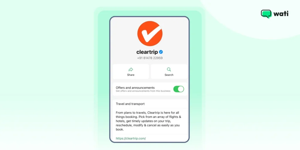 WhatsApp business description Cleartrip