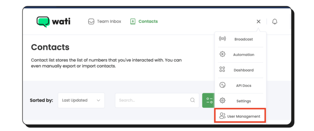 Selecting user management on the Wati dashboard 