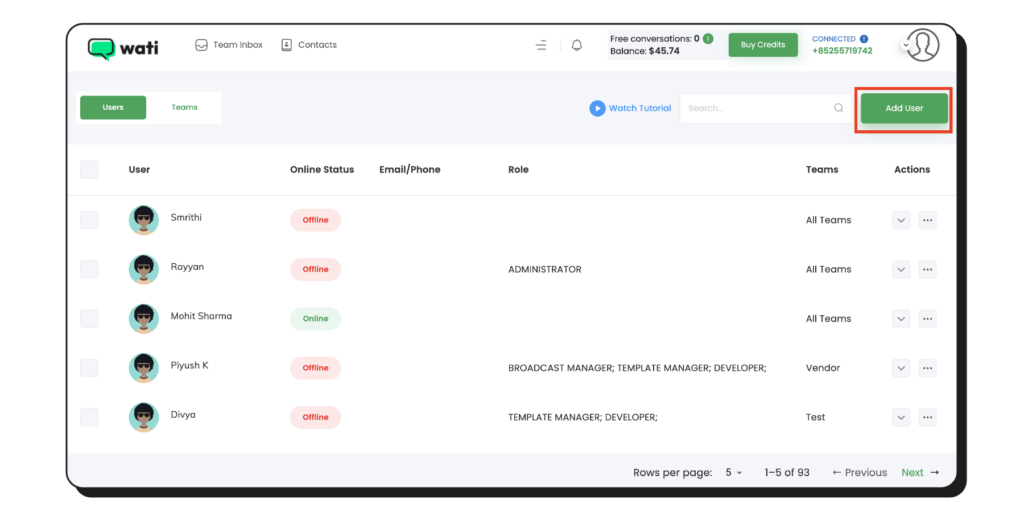 Add a user to ensure smooth operations in the Wati dashboard 