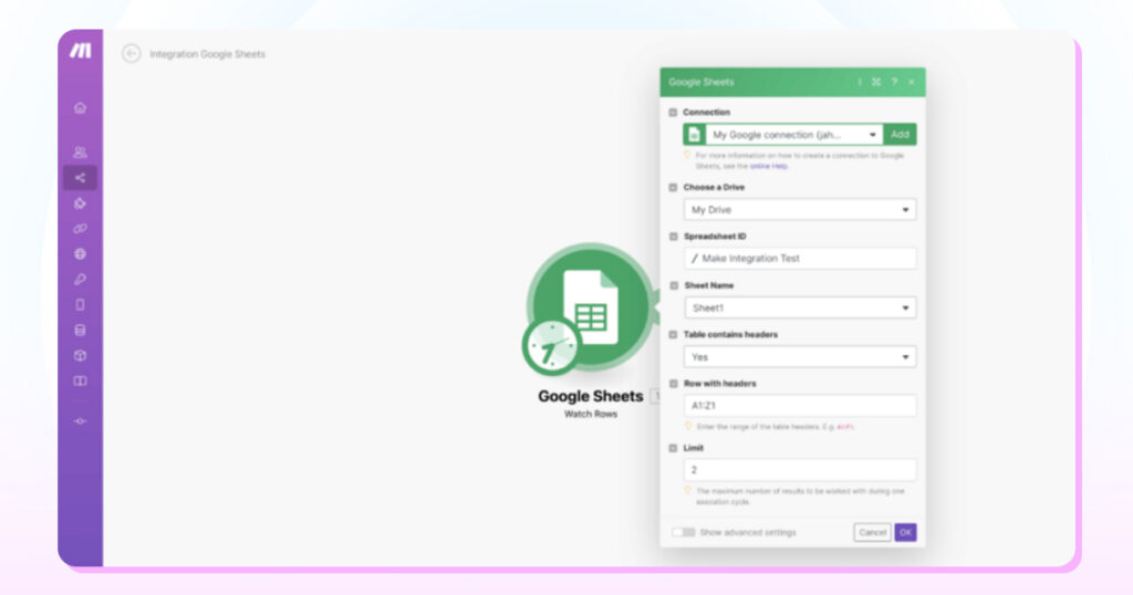 connect the sheet by defining the fields with make