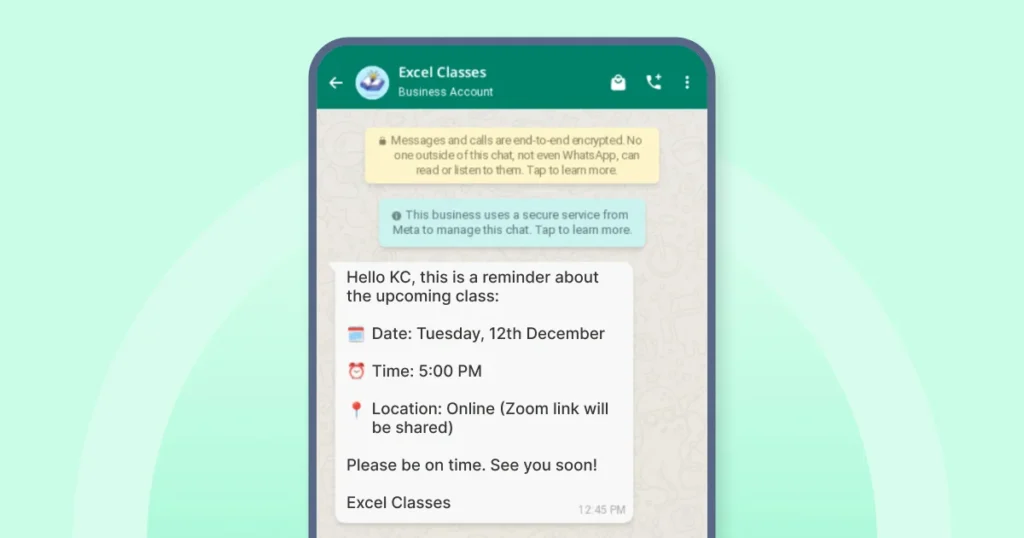 a whatsapp reminder message from excel classes