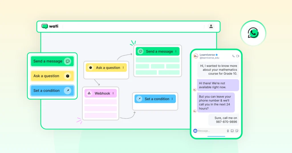 A screenshot of Wati’s intuitive drag-and-drop automation builder that allows businesses to design complex WhatsApp workflows