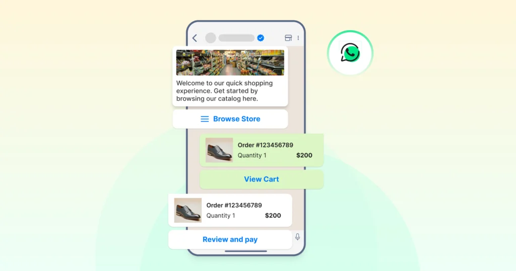 An example of a seamless WhatsApp shopping experience where a brand sends its product catalog directly in chat, allowing the customer to view products, add them to the cart, and make a secure payment without leaving WhatsApp.