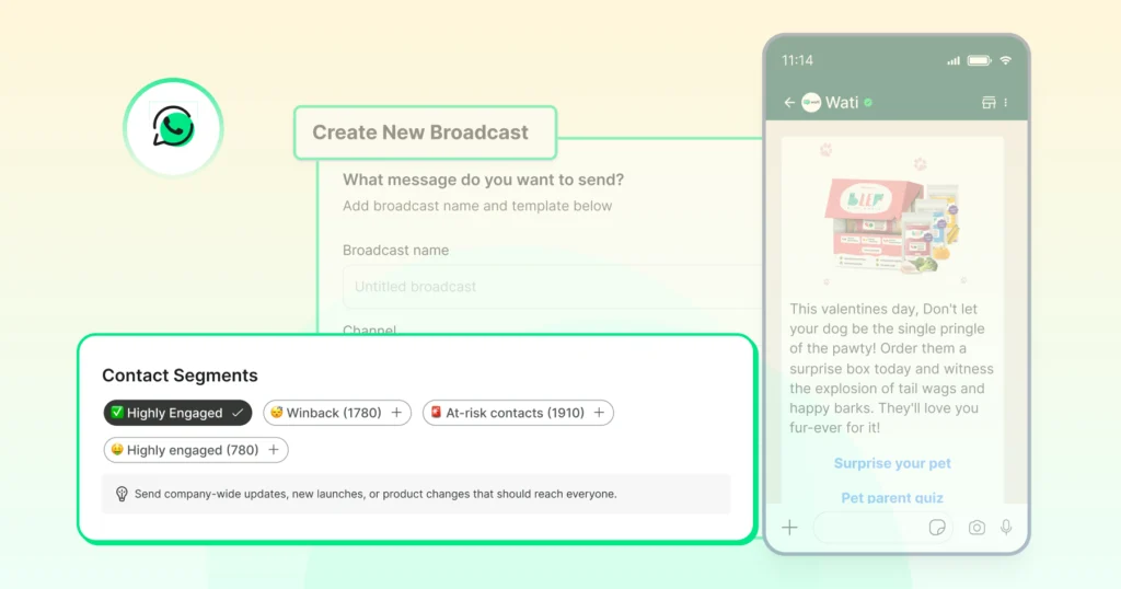 Wati’s segmentation tool helping businesses send targeted WhatsApp broadcast messages to specific customer groups.