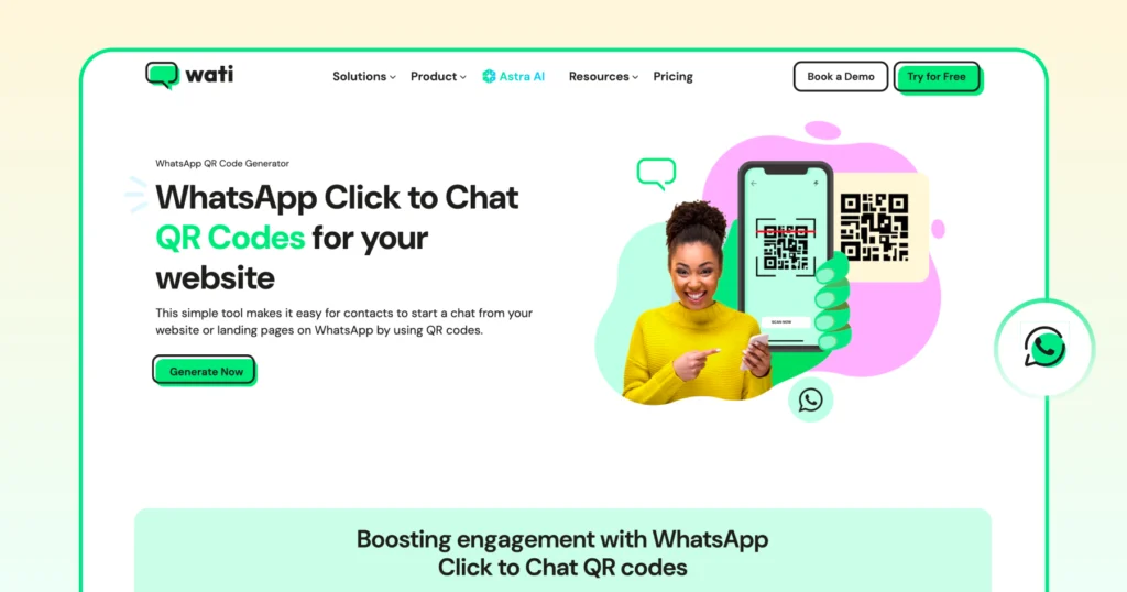 Free WhatsApp QR Code Generator by Wati that helps businesses generate scannable WhatsApp QR codes for their website or marketing campaigns.