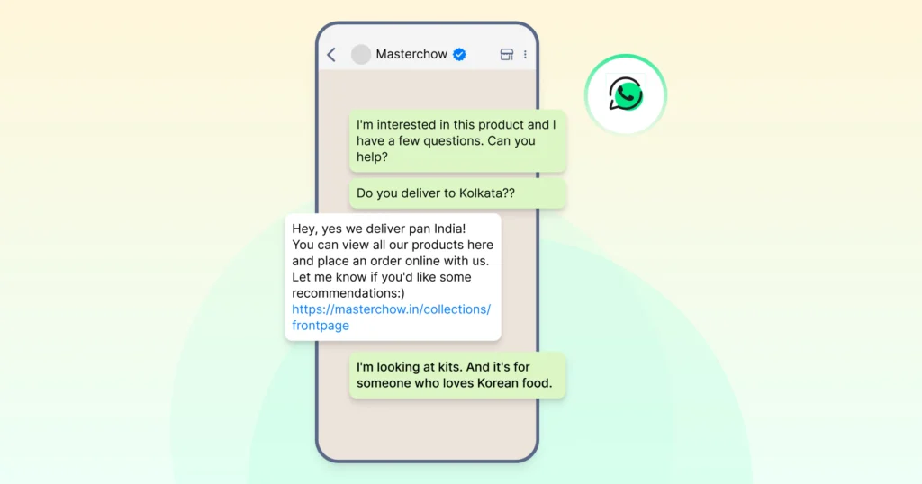 A WhatsApp chat between a customer and Masterchow where the customer asks a product-related question, and the brand instantly responds with an automated message