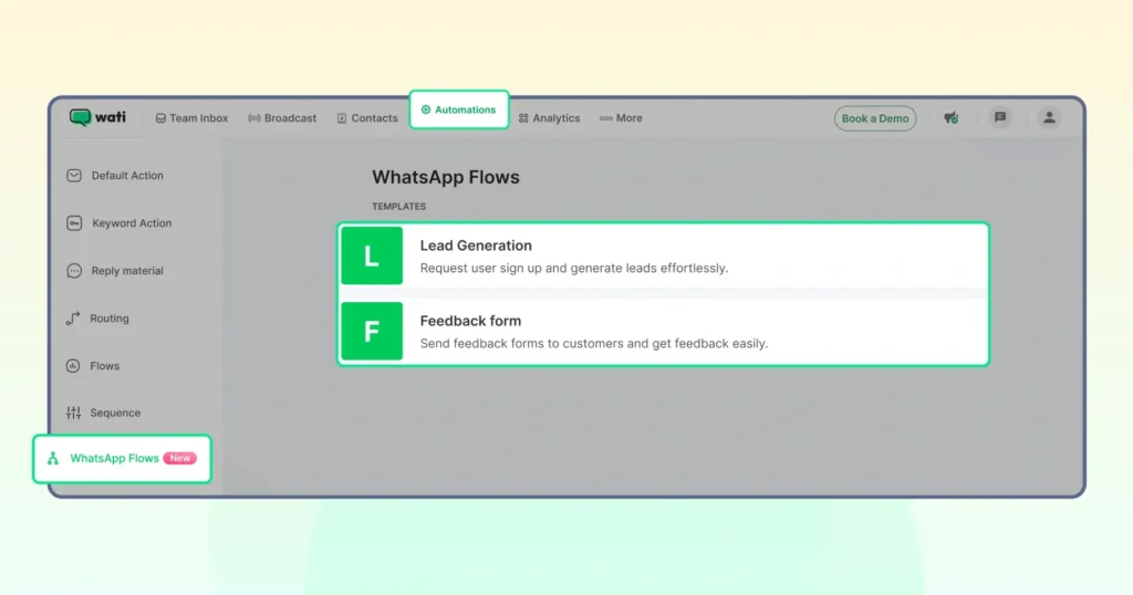 A demonstration of Wati’s WhatsApp Flows feature showing how businesses can automate lead generation and collect customer feedback through interactive WhatsApp conversations.