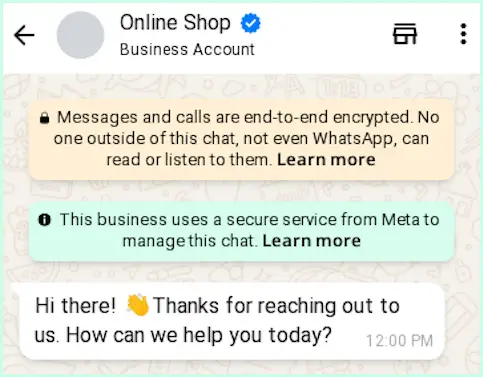 WhatsApp Business Greeting Message example showing a friendly automated welcome reply to new customers.