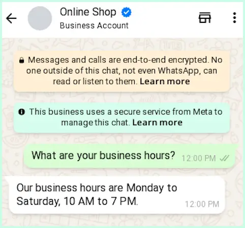 WhatsApp Business Quick Reply example showing automated response for customer inquiries about business hours.