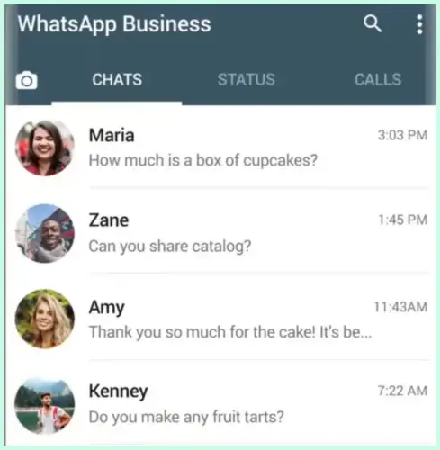 WhatsApp Business chat list showing customer inquiries for cupcake pricing, product catalog, and fruit tarts.