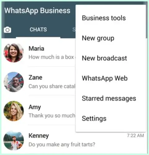WhatsApp Business app menu showing options like Business Tools, WhatsApp Web, and Settings.