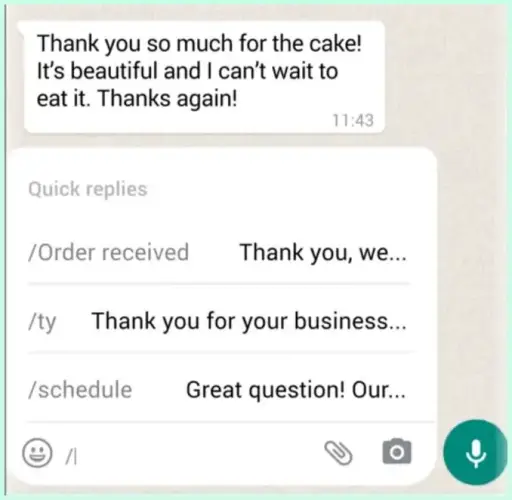 Quick Replies being used in a WhatsApp Business chat to respond to customer messages instantly.