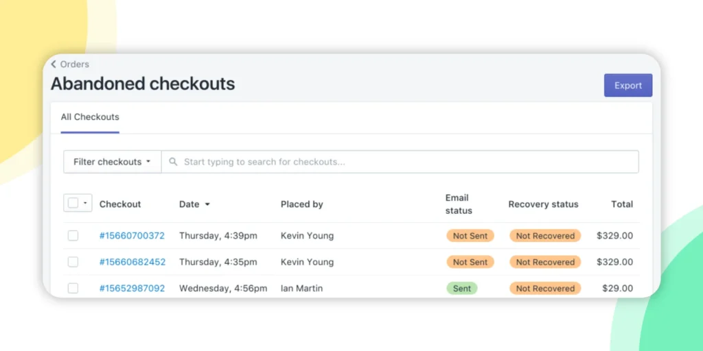 A screenshot showing a list of all abandoned checkouts on a Shopify store