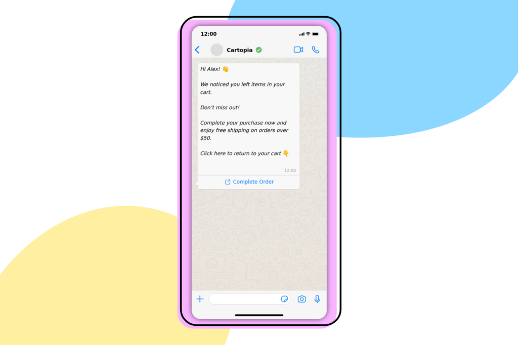 A cart recovery message sent by an ecommerce company on WhatsApp