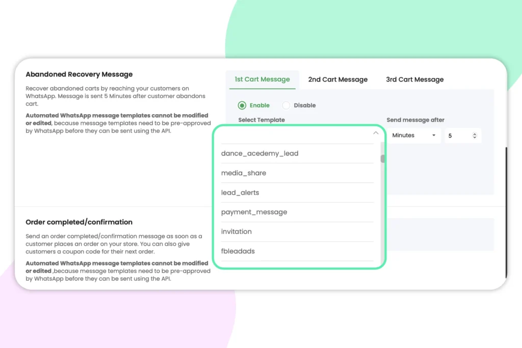 A screenshot showing dropdown list of all existing message templates